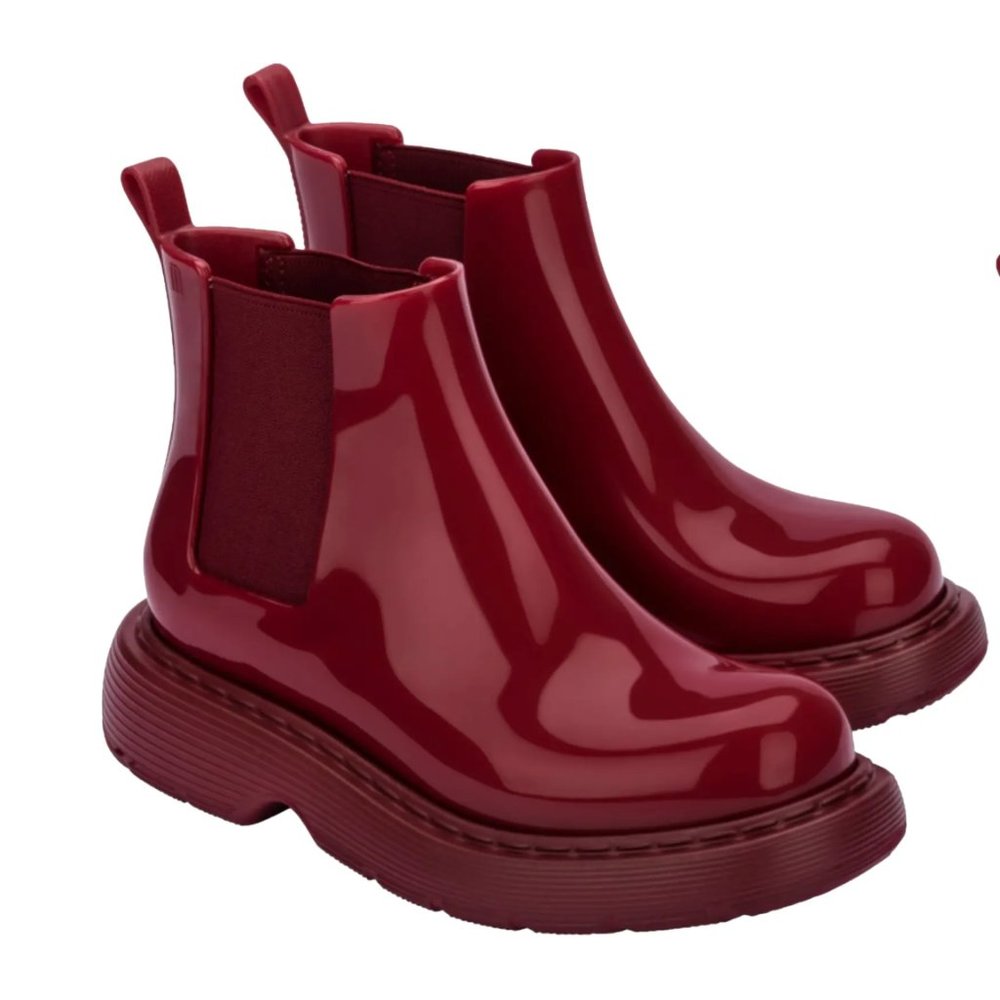 MELISSA Step Chelsea Chunky Platform RAIN BOOTS (Red) BNIB (7M) Glossy Ankle